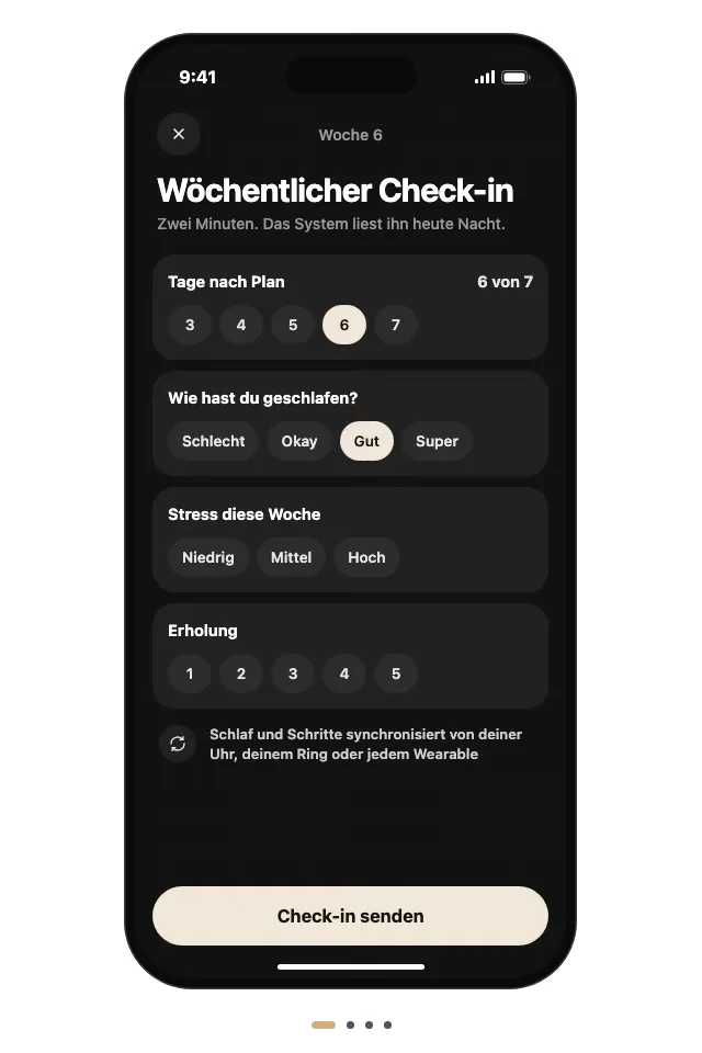 Der wöchentliche Check-in: Tage nach Plan, wie du geschlafen hast, Stress und Erholung, mit Schlaf und Schritten von deiner Uhr.