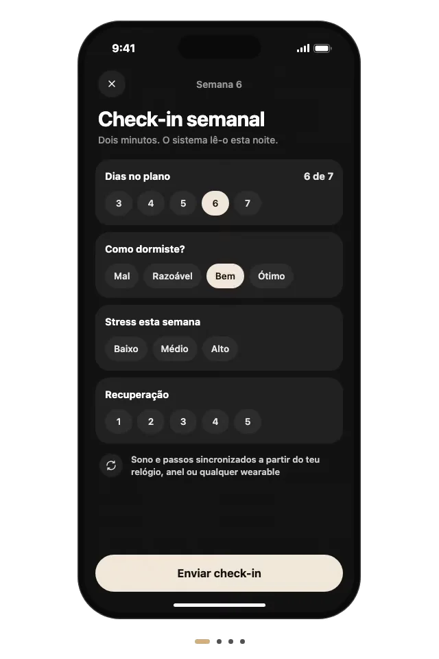 O check-in semanal: dias dentro do plano, como dormiste, stress e recuperação, com o sono e os passos sincronizados a partir do teu relógio.