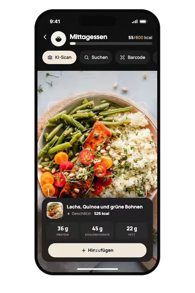 Der Ernährungsbildschirm nach einem Foto-Scan: Lachs, Quinoa und grüne Bohnen, 526 kcal, bereit zum Hinzufügen.