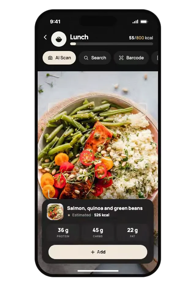The nutrition screen after a photo scan: salmon, quinoa and green beans, 526 kcal, ready to add.