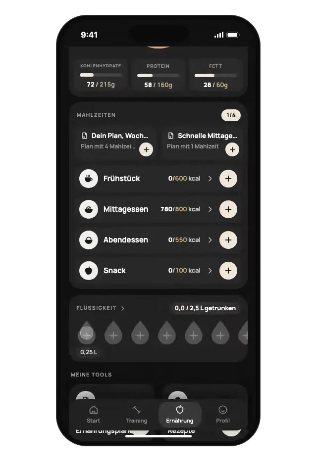 Der Ernährungsbildschirm mit den Mahlzeiten des Tages und dem Wassertracker.