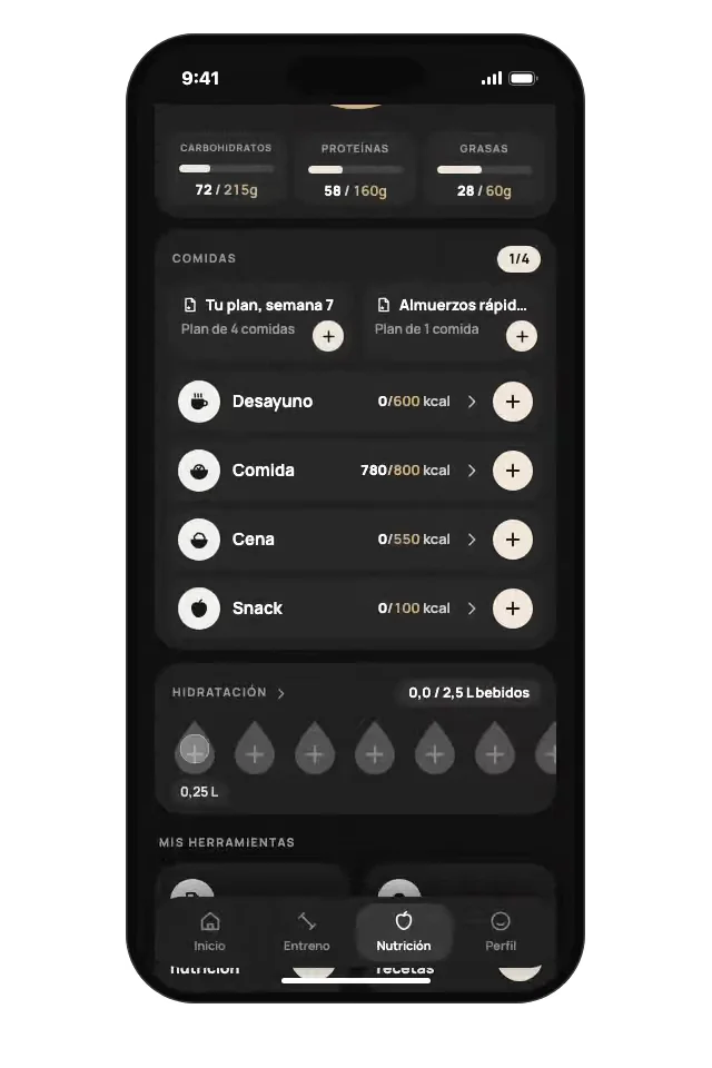 La pantalla de nutrición con las comidas del día y el registro de hidratación.