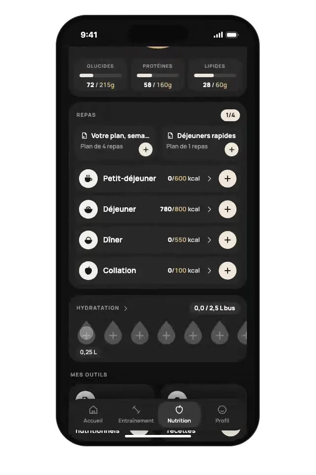 L'écran de nutrition avec les repas du jour et le suivi de l'hydratation.