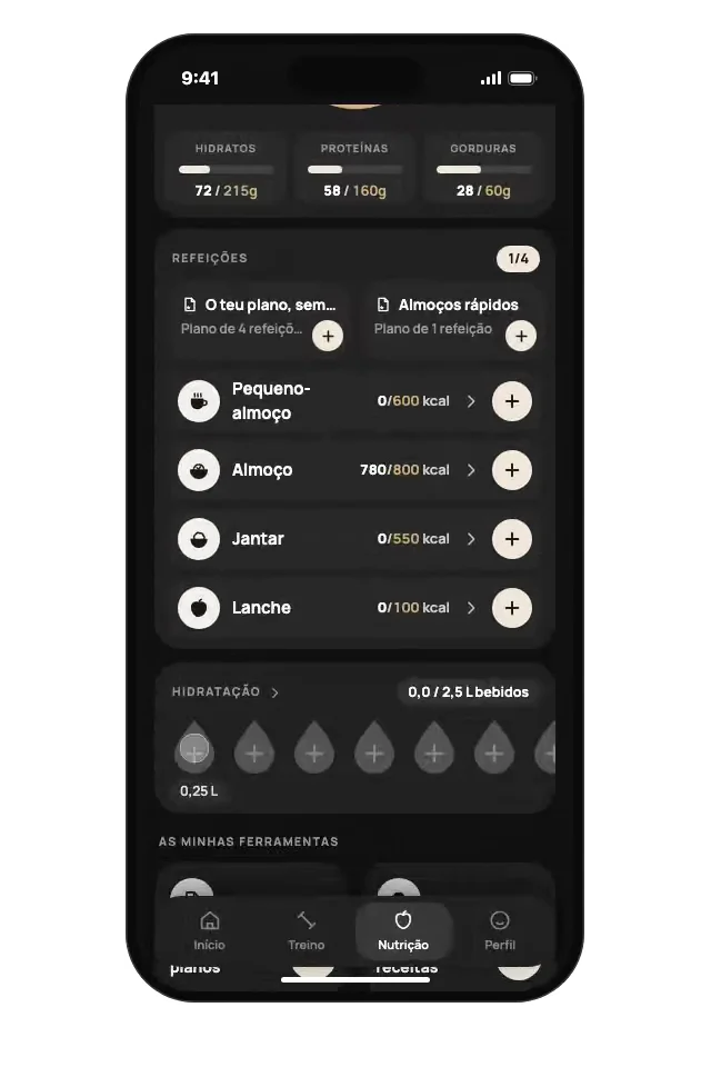 O ecrã de nutrição com as refeições do dia e o registo de hidratação.