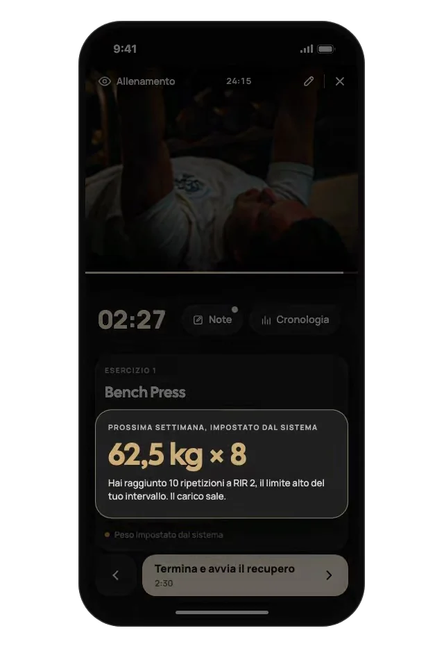 La schermata dell'allenamento: panca piana registrata a 60 kg per 10 ripetizioni a RIR 2. Il sistema imposta la settimana successiva a 62,5 kg × 8.