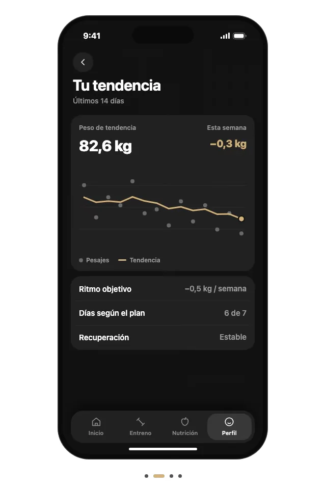 El check-in semanal, la línea de tendencia, el nuevo objetivo diario de 2.050 kcal y el plan actualizado, uno tras otro.