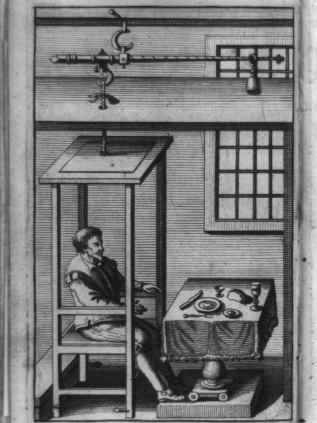 Engraving of the physician Santorio Santorio on his weighing chair next to a laid table