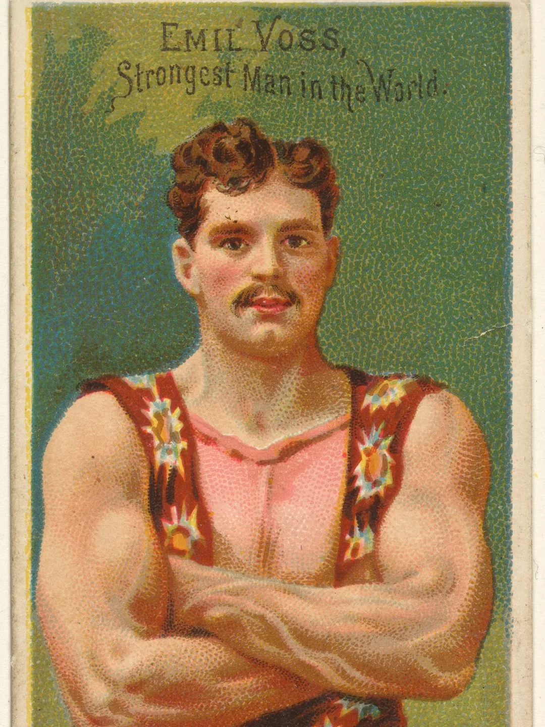 Cigarette card from 1888 showing strongman Emil Voss with arms crossed